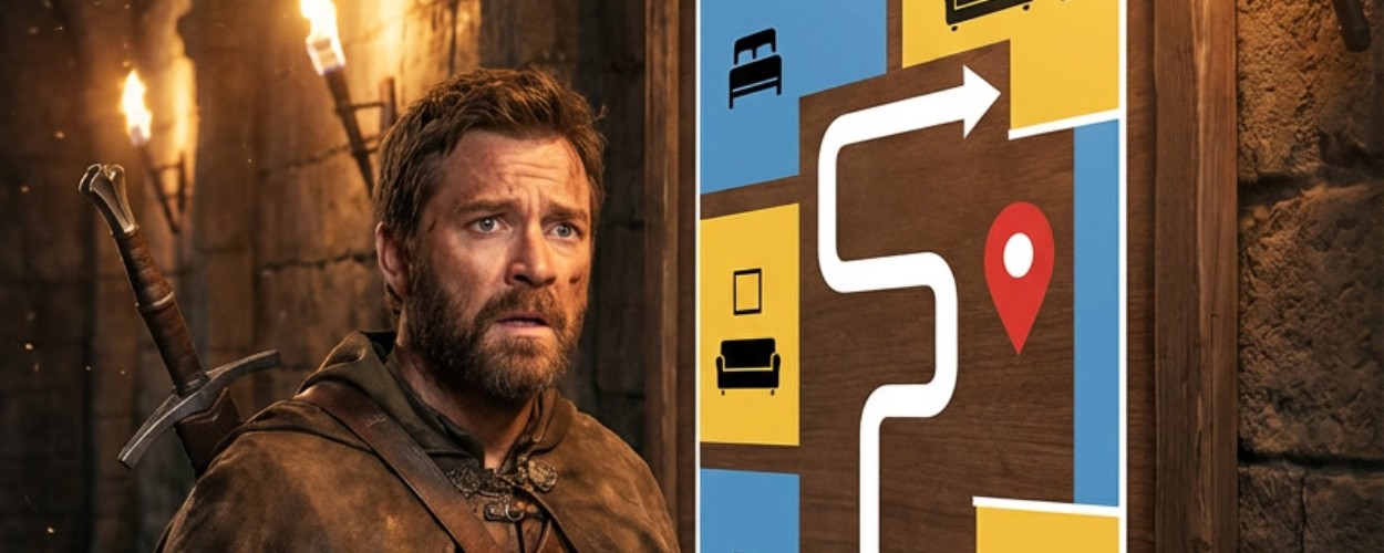 Meme: Ein verwirrter Fantasyheld steht im Dungeon vor einer Möbelhaus-Map; Text fragt, warum es dort einen Ort namens Småland gibt.
