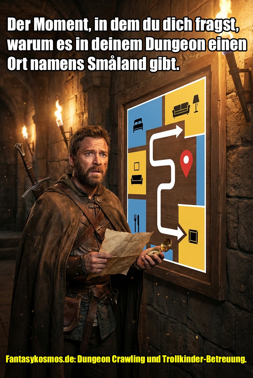 Meme: Ein verwirrter Fantasyheld steht im Dungeon vor einer Möbelhaus-Map; Text fragt, warum es dort einen Ort namens Småland gibt.