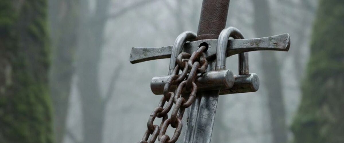 Meme: Excalibur steckt im Stein, ist mit Kette und Schlössern gesichert; Text: „Excalibur 2026. Nahe der polnischen Grenze.“