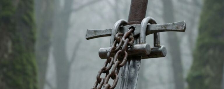 Meme: Excalibur steckt im Stein, ist mit Kette und Schlössern gesichert; Text: „Excalibur 2026. Nahe der polnischen Grenze.“