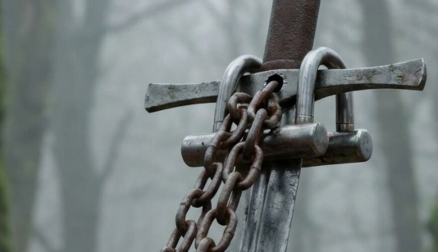 Meme: Excalibur steckt im Stein, ist mit Kette und Schlössern gesichert; Text: „Excalibur 2026. Nahe der polnischen Grenze.“