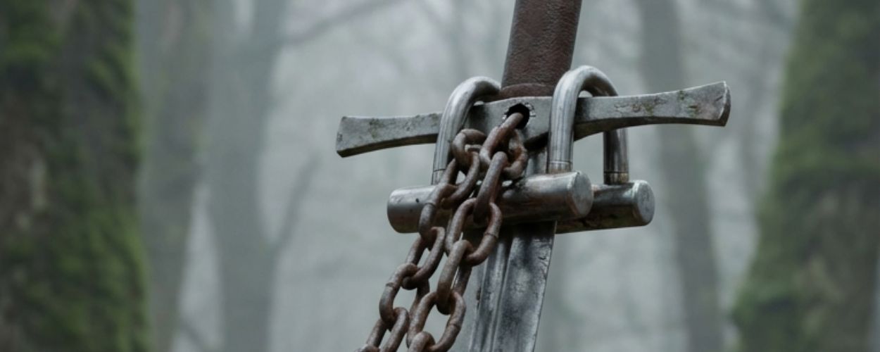 Meme: Excalibur steckt im Stein, ist mit Kette und Schlössern gesichert; Text: „Excalibur 2026. Nahe der polnischen Grenze.“