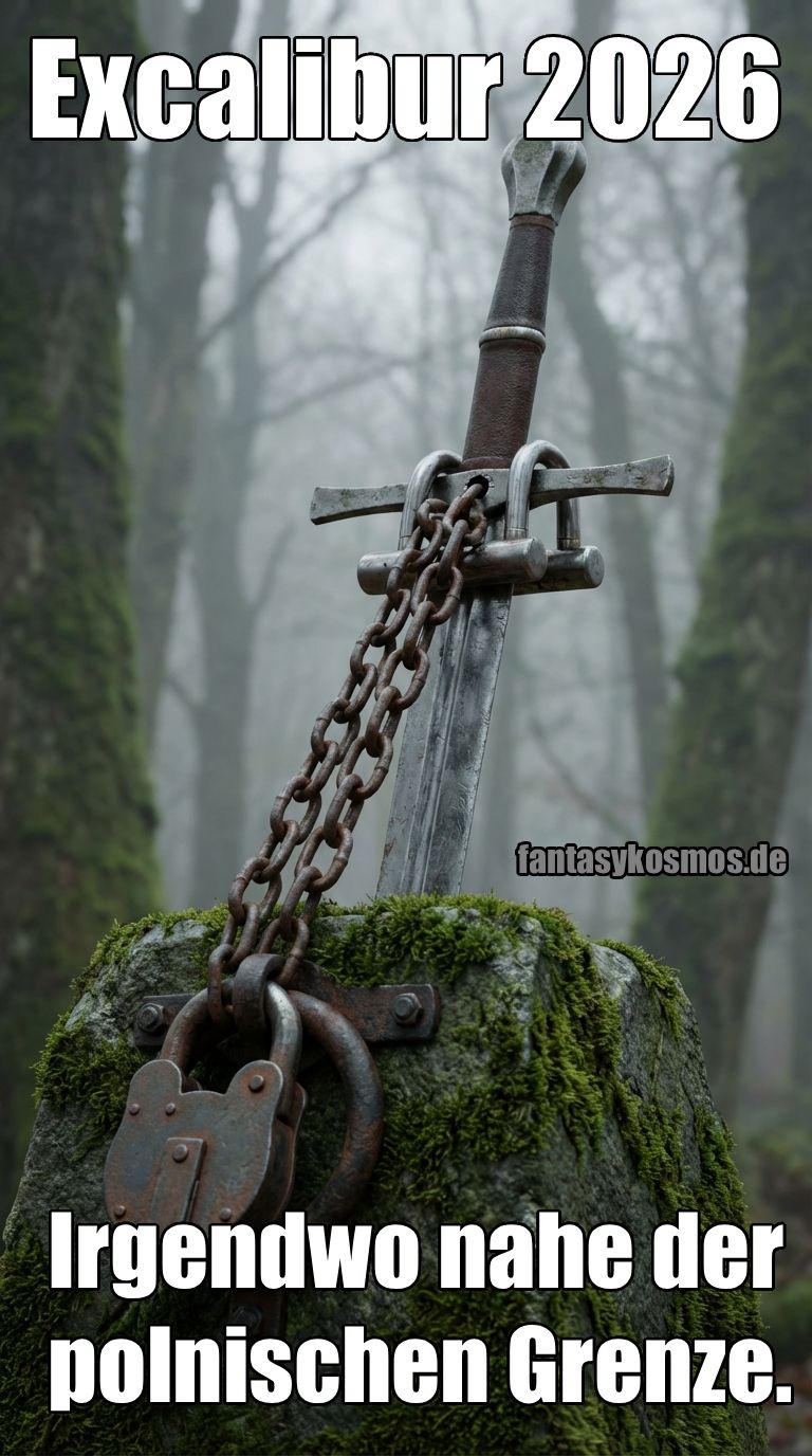Meme: Excalibur steckt im Stein und ist mit Ketten und Schlössern gesichert; Text: „Excalibur 2026. Nahe der polnischen Grenze.“