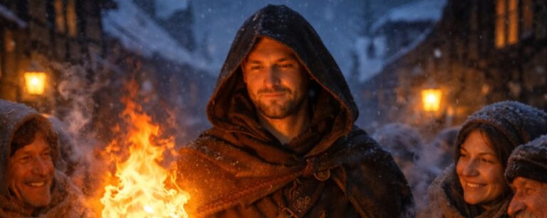 Meme: Winterliche Fantasy-Szene, Magier hält Feuer in der Hand.