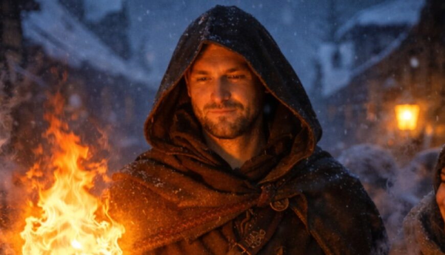 Meme: Winterliche Fantasy-Szene, Magier hält Feuer in der Hand.