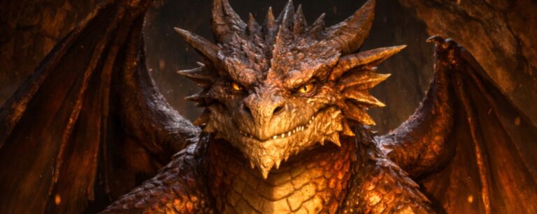 Ein riesiger Drache thront auf einem Goldschatz in einer Höhle; davor steht ein kleiner Steuerprüfer im Anzug mit Klemmbrett im Drachenhort.