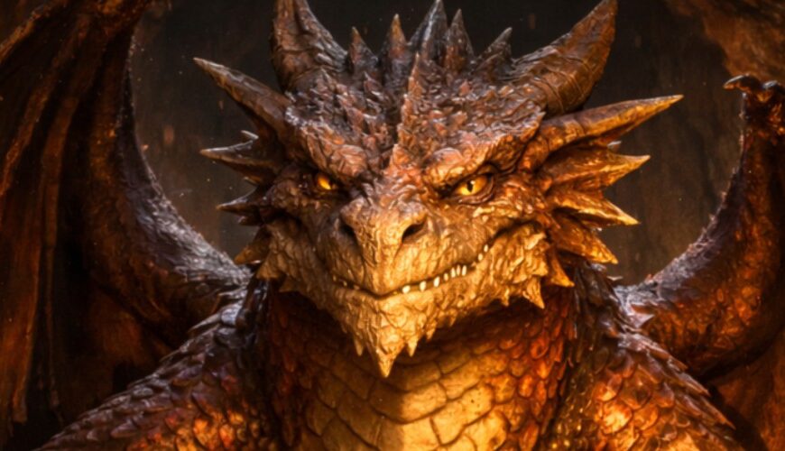 Ein riesiger Drache thront auf einem Goldschatz in einer Höhle; davor steht ein kleiner Steuerprüfer im Anzug mit Klemmbrett im Drachenhort.