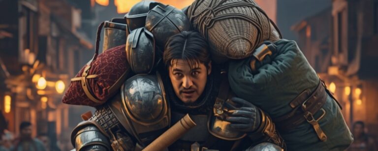 Meme: Brennende Stadt; ein Abenteurer schleppt zwei große Säcke/Beute und Rüstungsteile.