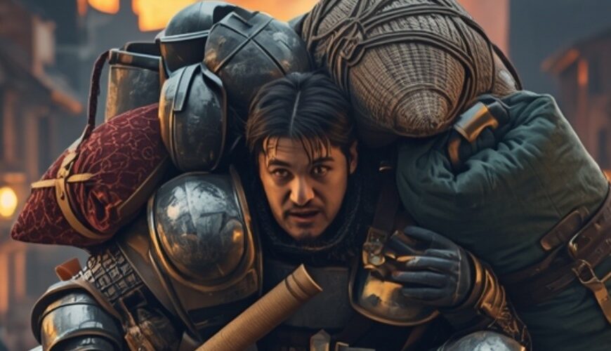 Meme: Brennende Stadt; ein Abenteurer schleppt zwei große Säcke/Beute und Rüstungsteile.