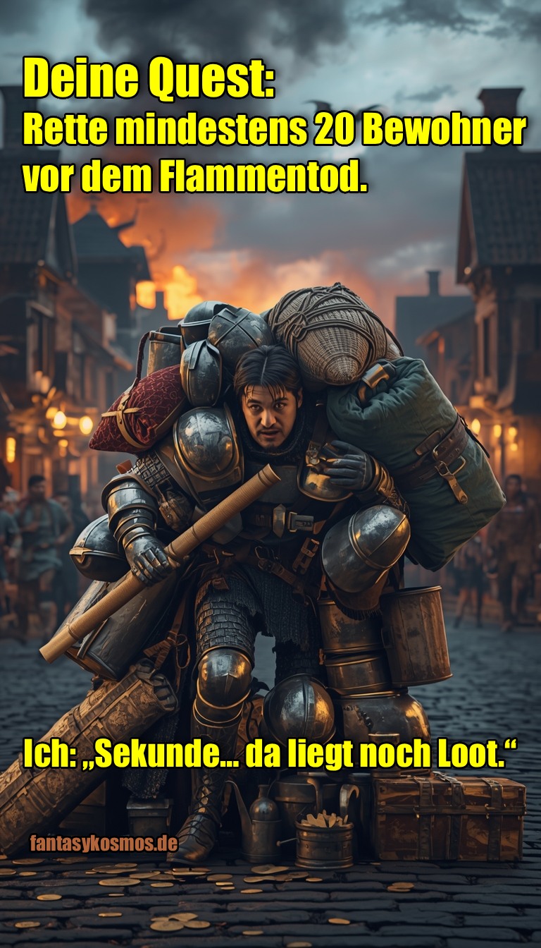 Meme: Brennende Stadt; ein Abenteurer schleppt zwei große Säcke/Beute und Rüstungsteile; Text: „Deine Quest: Rette mindestens 20 Bewohner vor dem Flammentod.“ – „Ich: ‚Sekunde… da liegt noch Loot.‘“