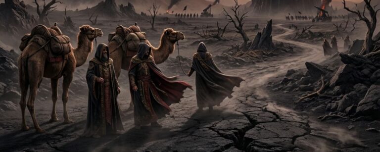 Düstere Vulkanlandschaft mit schwarzem Turm und glühendem „Auge“ am Horizont; drei verhüllte Reisende mit Kamelen ziehen über rissigen, aschigen Boden.