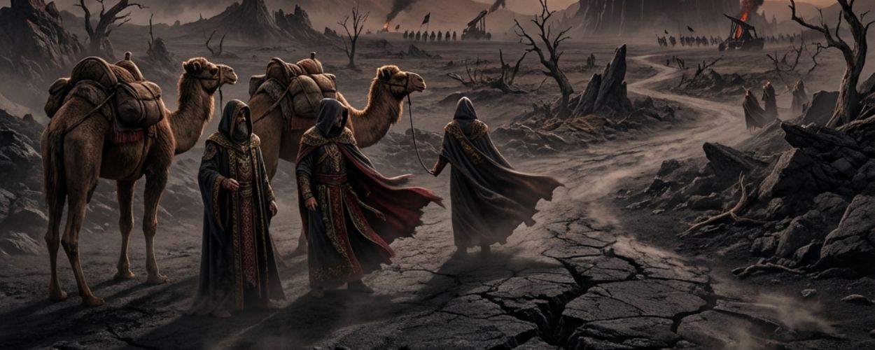 Düstere Vulkanlandschaft mit schwarzem Turm und glühendem „Auge“ am Horizont; drei verhüllte Reisende mit Kamelen ziehen über rissigen, aschigen Boden.