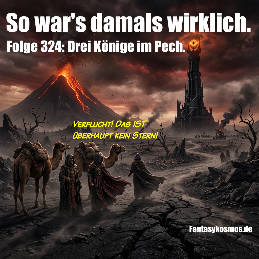 Düstere Vulkanlandschaft mit schwarzem Turm und glühendem „Auge“ am Horizont; drei verhüllte Reisende mit Kamelen ziehen über rissigen, aschigen Boden. Text oben: „So war’s damals wirklich. Folge 324: Drei Könige im Pech.“ Sprechtext: „Verflucht! Das ist überhaupt kein Stern!“ Wasserzeichen „fantasykosmos.de“.