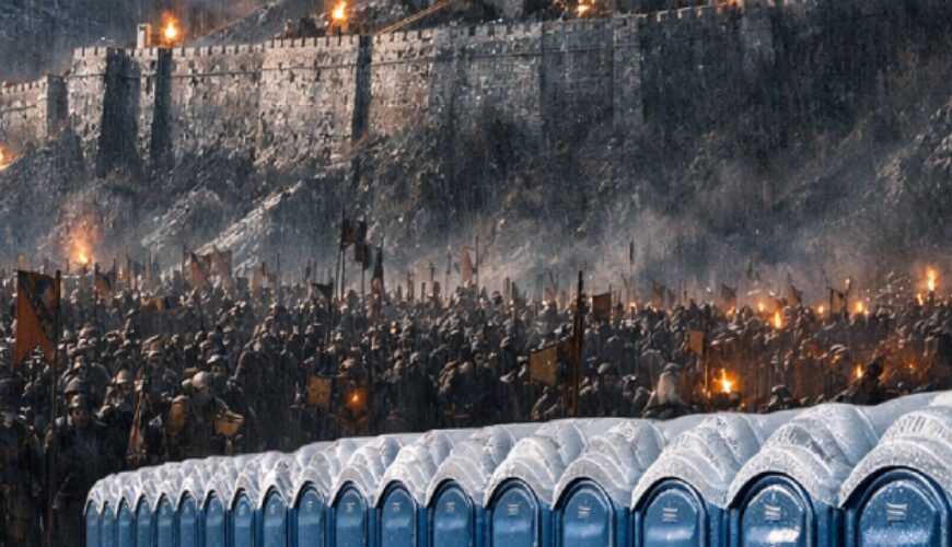 Meme: Helms-Klamm-ähnliche Festung vor einer Schlacht; im Vordergrund steht eine riesige Reihe blauer Dixi-Klos, Text behauptet „Was Tolkien dich nicht wissen lassen wollte“.