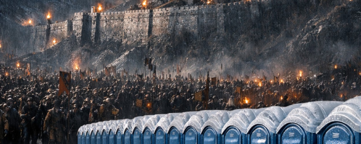 Meme: Helms-Klamm-ähnliche Festung vor einer Schlacht; im Vordergrund steht eine riesige Reihe blauer Dixi-Klos, Text behauptet „Was Tolkien dich nicht wissen lassen wollte“.