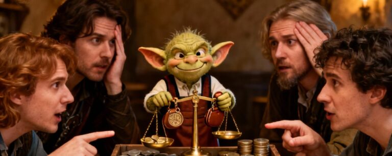 Meme: Splitbild – oben ein Spielleiter präsentiert Karte und Quest-Vorbereitung; unten diskutiert die Gruppe angeregt mit einem Kobold über Münzen/Waage.