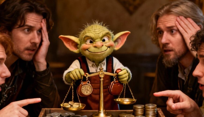 Meme: Splitbild – oben ein Spielleiter präsentiert Karte und Quest-Vorbereitung; unten diskutiert die Gruppe angeregt mit einem Kobold über Münzen/Waage.