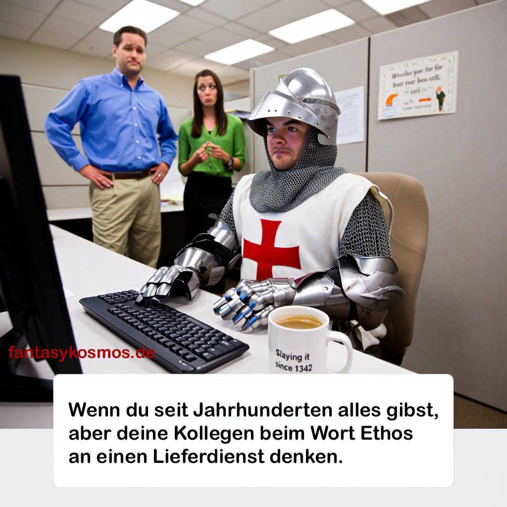 Ein Kreuzritter in Rüstung sitzt im Großraumbüro am Computer; im Hintergrund stehen zwei Kollegen. Unten steht der Text über „Ethos“ und Lieferdienst.