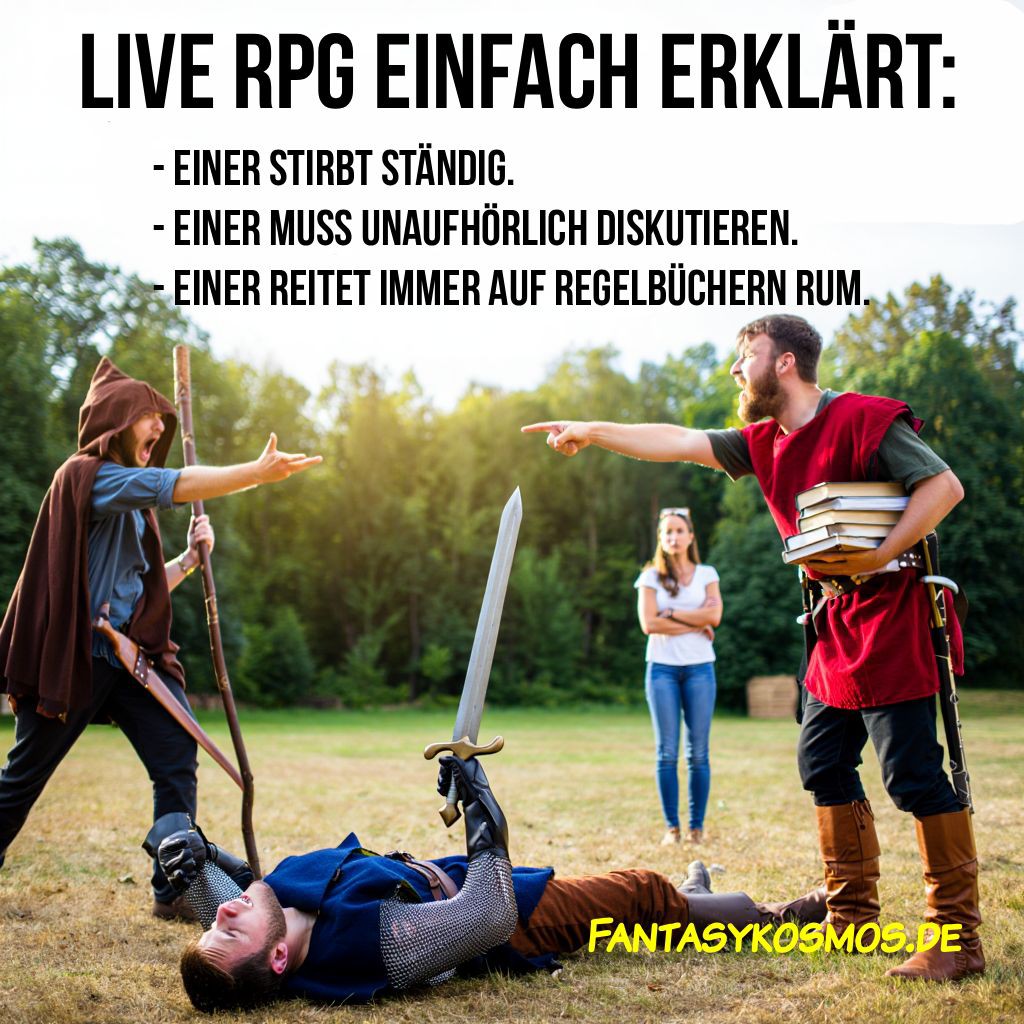 Drei LARP-Spieler auf einer Wiese: einer liegt „tot“ am Boden, zwei diskutieren gestikulierend, einer trägt einen Stapel Regelbücher; oben steht „LIVE RPG EINFACH ERKLÄRT …“.