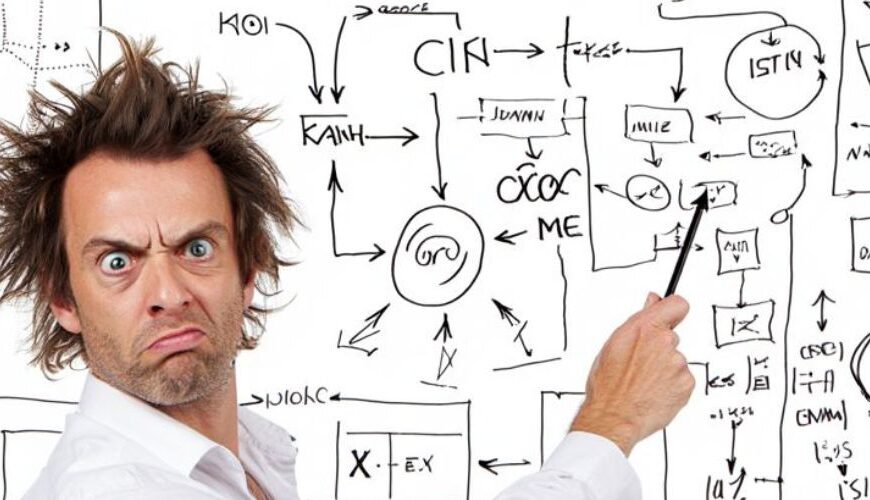 Meme mit Text „Albin von Klüftenstein (Fantasy Autor) stellt das Magiekonzept seiner Tetralogie ‚Die Stille des Donners‘ vor.“ Darunter zeigt ein wütender Mann auf eine Whiteboard-Tafel voller Pfeile, Kästchen und Skizzen; „fantasykosmos.de“ unten.