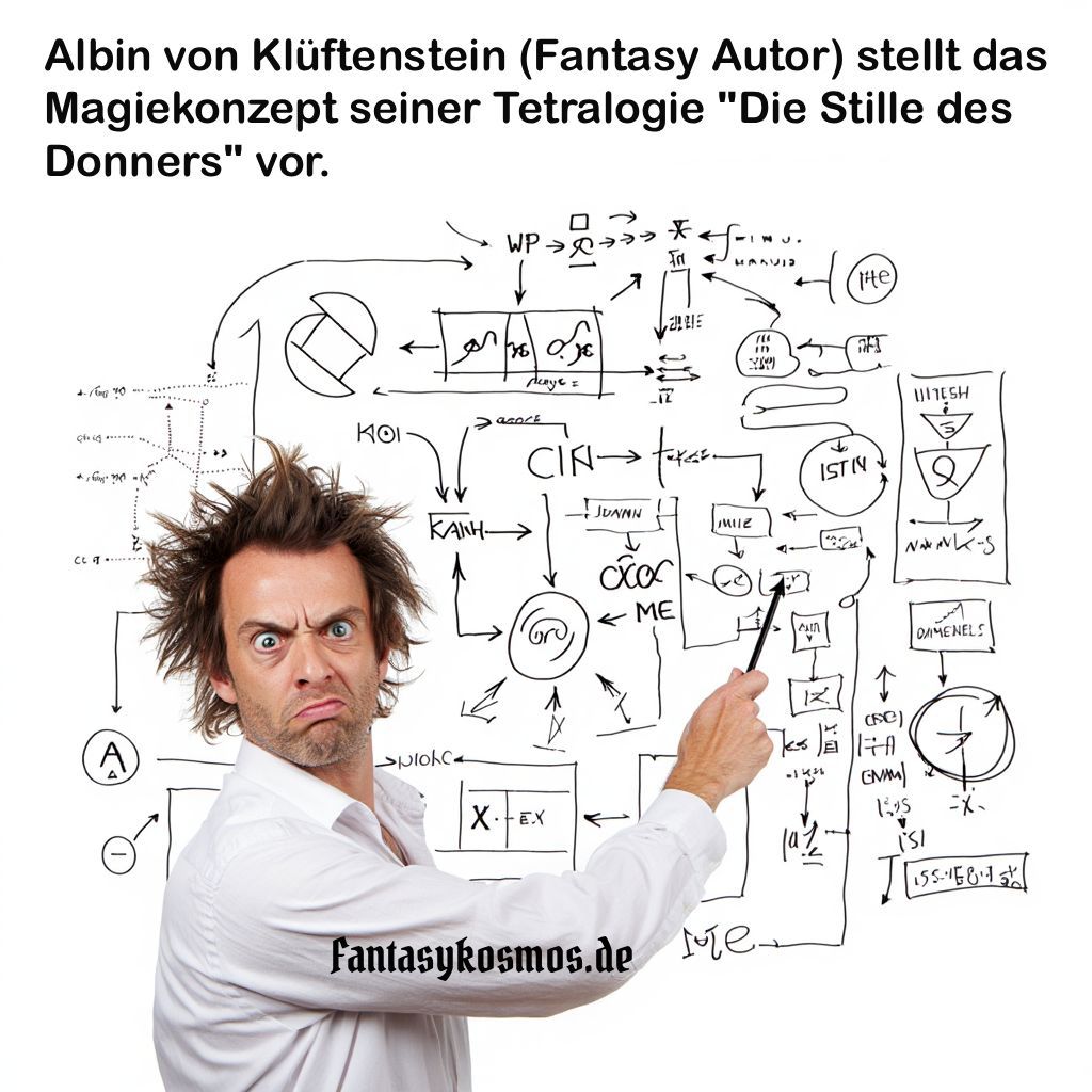 Meme mit Text „Albin von Klüftenstein (Fantasy Autor) stellt das Magiekonzept seiner Tetralogie ‚Die Stille des Donners‘ vor.“ Darunter zeigt ein wütender Mann auf eine Whiteboard-Tafel voller Pfeile, Kästchen und Skizzen; „fantasykosmos.de“ unten.