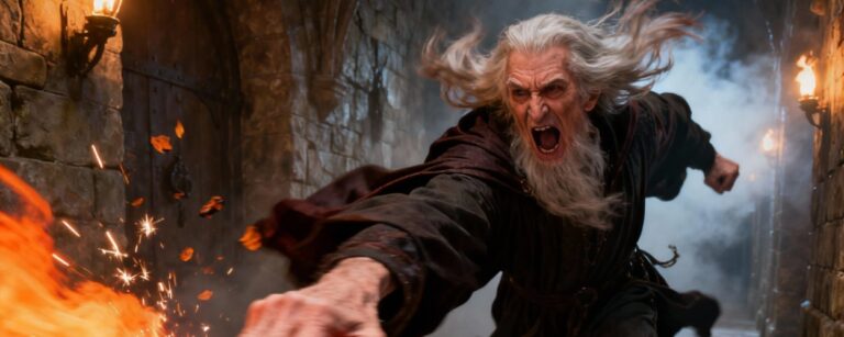 Meme: Wütender Magier stürmt durch einen Gang und schlägt auf einen großen roten Button; Text: „Als Magier hast du viele Optionen. Und du so: FIREBALL!!“.