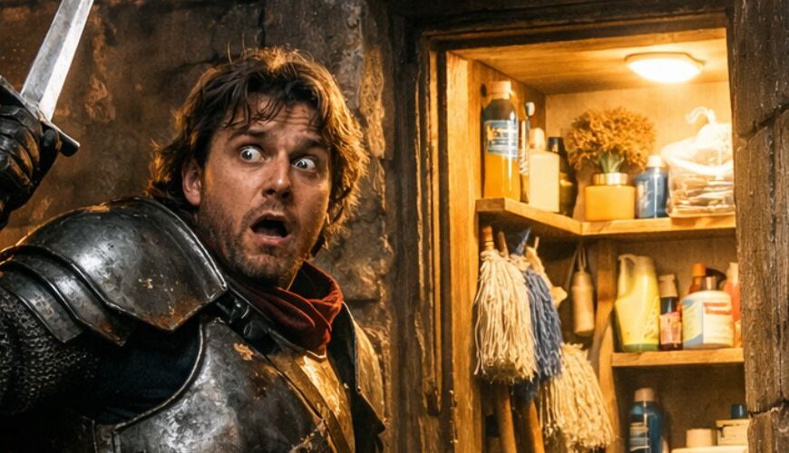 Ritter in schwerer Rüstung tritt eine Tür auf und starrt erschrocken in eine hell beleuchtete Abstellkammer voller Besen, Eimer und Reinigungsmittel.