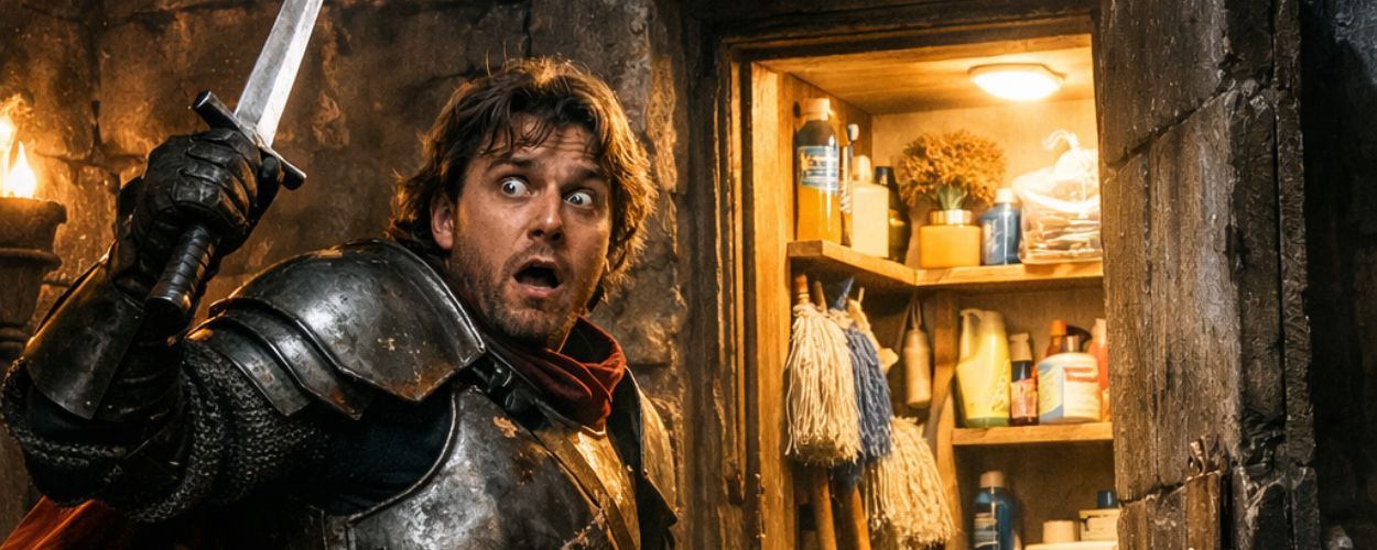 Ritter in schwerer Rüstung tritt eine Tür auf und starrt erschrocken in eine hell beleuchtete Abstellkammer voller Besen, Eimer und Reinigungsmittel.