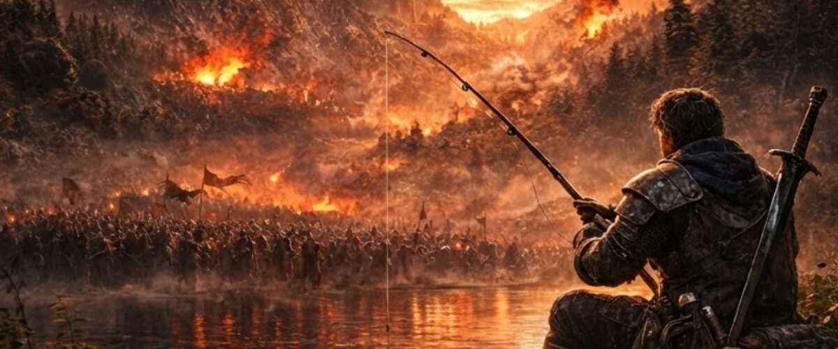 Meme: Apokalyptische Fantasy-Schlacht mit Quest-Text: Hauptquest „Besiege den Dark Lord… verbleibende Zeit: 10 Minuten“, dazu Nebenquest „Farmerin Flagott benötigt 5 perfekte Forellen…“.