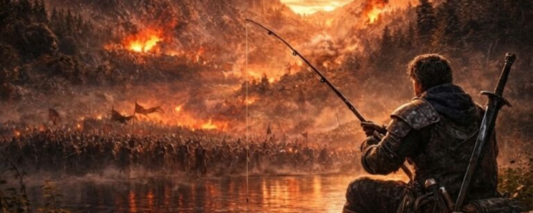 Meme: Apokalyptische Fantasy-Schlacht mit Quest-Text: Hauptquest „Besiege den Dark Lord… verbleibende Zeit: 10 Minuten“, dazu Nebenquest „Farmerin Flagott benötigt 5 perfekte Forellen…“.