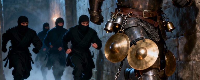 Meme: Ninjas schleichen durch einen Burggang, während ein schwer gerüsteter Paladin lautstark rennt, mit klappernden Metallteilen und einem Amboss am Boden.
