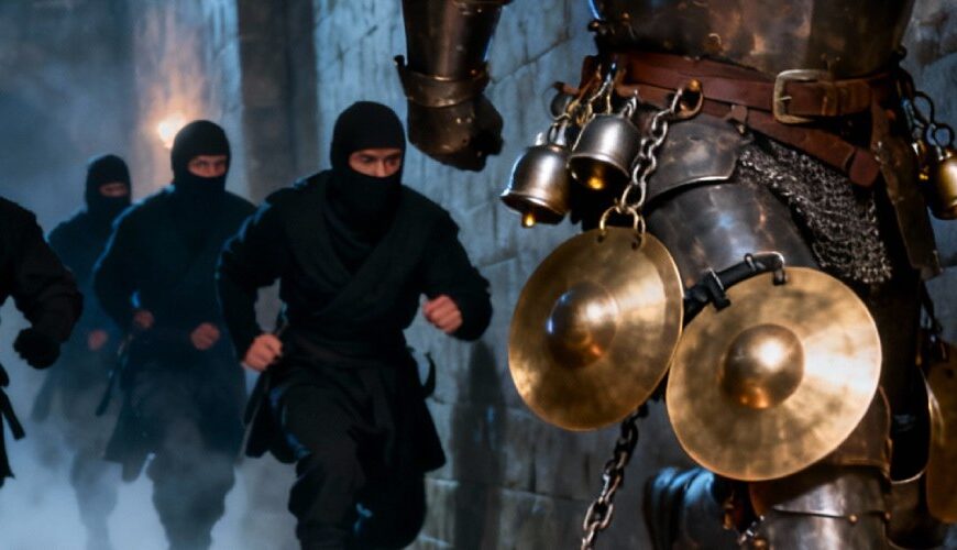 Meme: Ninjas schleichen durch einen Burggang, während ein schwer gerüsteter Paladin lautstark rennt, mit klappernden Metallteilen und einem Amboss am Boden.