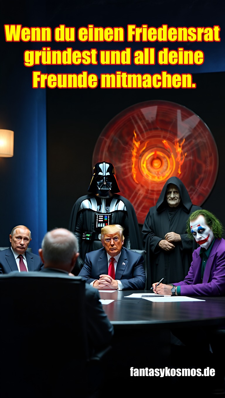 Meme zu Trumps Friedensrat in Davos. Um einen Konferenztisch habe sich diverse Bösewichte und Superschurken versammelt.