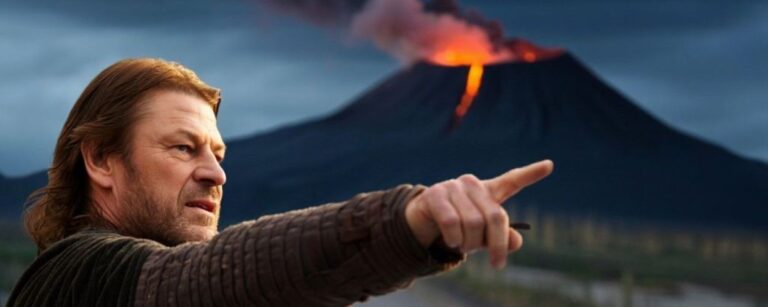 Ein Mann in Fantasy-Kleidung zeigt nach vorn; im Vordergrund ein Taxi-Dachschild „UBER“, im Hintergrund ein rauchender Vulkan und eine Straße.