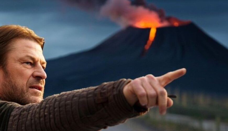 Ein Mann in Fantasy-Kleidung zeigt nach vorn; im Vordergrund ein Taxi-Dachschild „UBER“, im Hintergrund ein rauchender Vulkan und eine Straße.