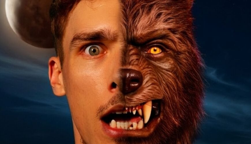 Halb Mensch, halb Werwolf: Ein junger Mann in Nahaufnahme, mittig geteilt – links menschliches Gesicht mit schockiertem Blick, rechts pelzige Werwolfhälfte mit Reißzähnen und gelbem Auge; dahinter ein teilweise verfinsterter Mond am Sternenhimmel.