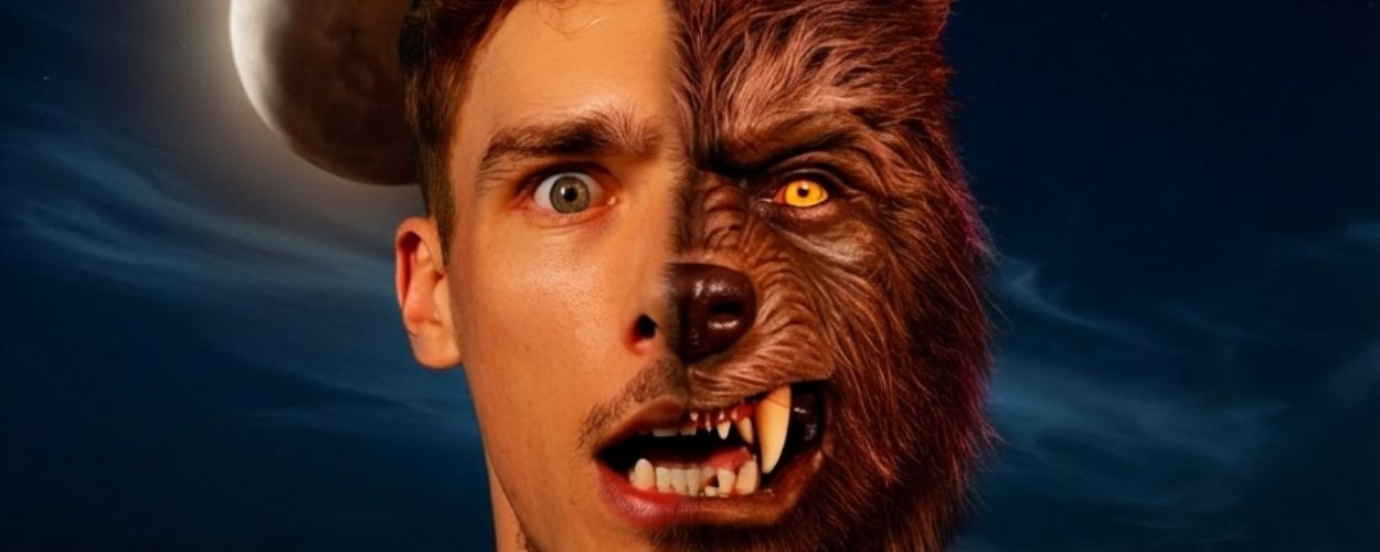 Halb Mensch, halb Werwolf: Ein junger Mann in Nahaufnahme, mittig geteilt – links menschliches Gesicht mit schockiertem Blick, rechts pelzige Werwolfhälfte mit Reißzähnen und gelbem Auge; dahinter ein teilweise verfinsterter Mond am Sternenhimmel.