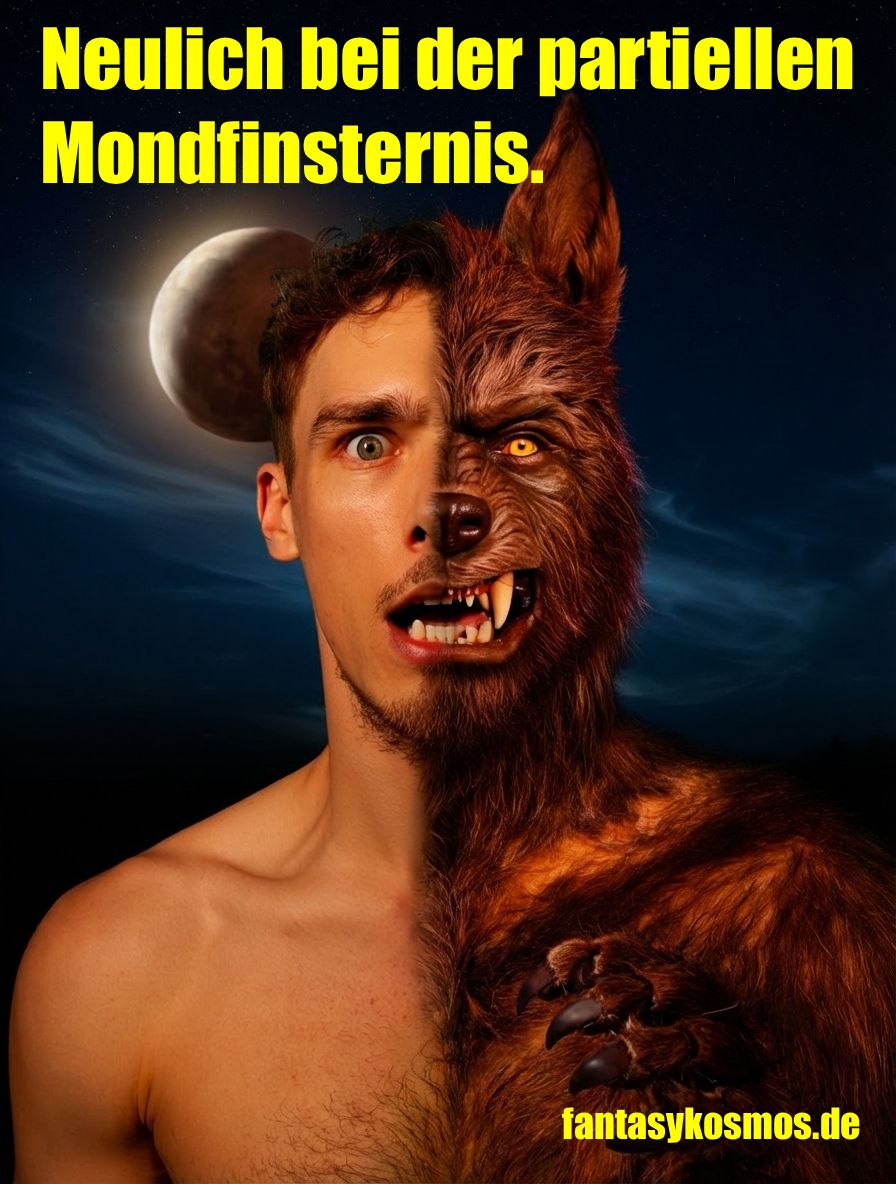 Halb Mensch, halb Werwolf: Ein junger Mann in Nahaufnahme, mittig geteilt – links menschliches Gesicht mit schockiertem Blick, rechts pelzige Werwolfhälfte mit Reißzähnen und gelbem Auge; dahinter ein teilweise verfinsterter Mond am Sternenhimmel.