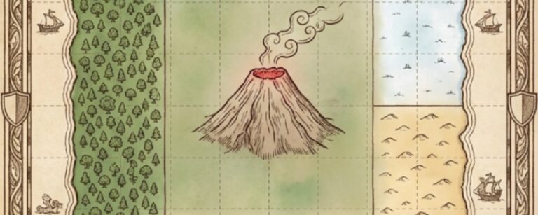 Meme: Fantasiekarte als perfektes Quadrat mit Biomen nach Himmelsrichtung und einem Vulkan in der Mitte; Text: „Worldbuilding für Anfänger… Quadrat. Biome nach Himmelsrichtung. Vulkan mittig. Fertig.“