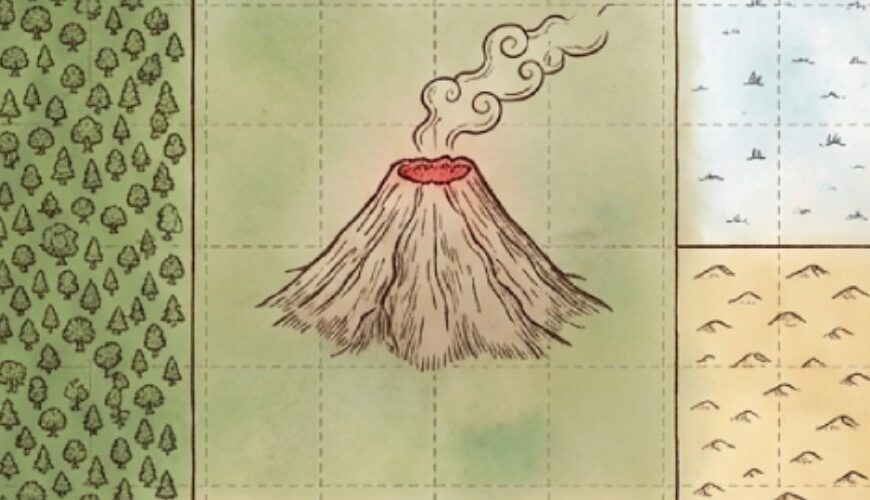 Meme: Fantasiekarte als perfektes Quadrat mit Biomen nach Himmelsrichtung und einem Vulkan in der Mitte; Text: „Worldbuilding für Anfänger… Quadrat. Biome nach Himmelsrichtung. Vulkan mittig. Fertig.“