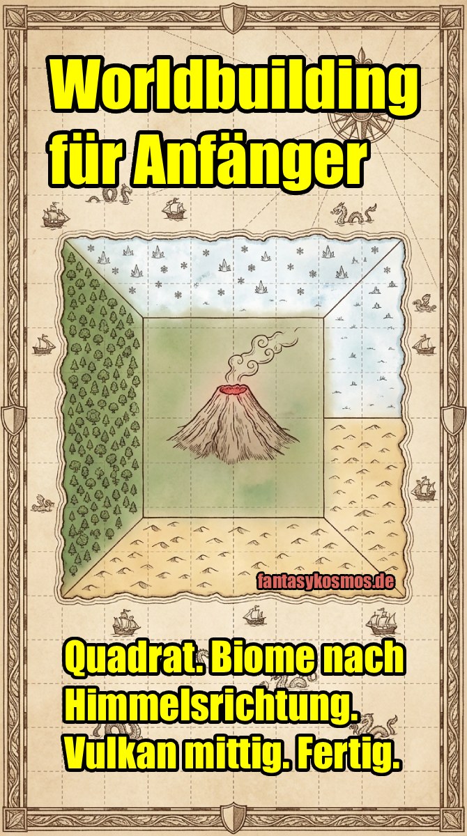 Meme: Fantasiekarte als perfektes Quadrat mit Biomen nach Himmelsrichtung und einem Vulkan in der Mitte; Text: „Worldbuilding für Anfänger… Quadrat. Biome nach Himmelsrichtung. Vulkan mittig. Fertig.“