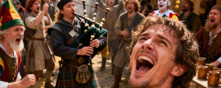 Meme: Mittelaltermarkt mit Met-Stand, Dudelsackspieler und feiernder Menge