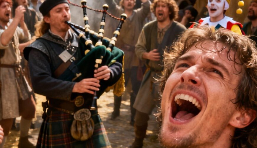 Meme: Mittelaltermarkt mit Met-Stand, Dudelsackspieler und feiernder Menge