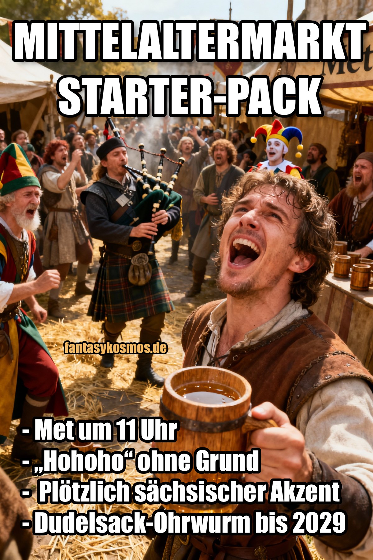 Meme: Mittelaltermarkt mit Met-Stand, Dudelsackspieler und feiernder Menge; Text nennt das „Mittelaltermarkt-Starter-Pack“ mit Met um 11 Uhr, grundlosem „Hohoho“, sächsischem Akzent und Dudelsack-Ohrwurm.