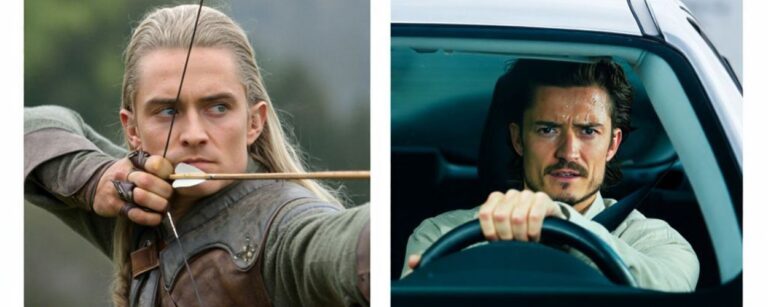 Meme-Collage mit Text oben „Hat im Kampf noch nie einen Gegner verfehlt.“ Links Legolas mit gespanntem Bogen, rechts ein Mann (Orlando Bloom) hinterm Lenkrad. Unten Text: „Braucht aber 47 Versuche, um eine 10 Meter breite Lücke beim Rückwärtsparken zu treffen.“ Wasserzeichen „fantasykosmos.de“.