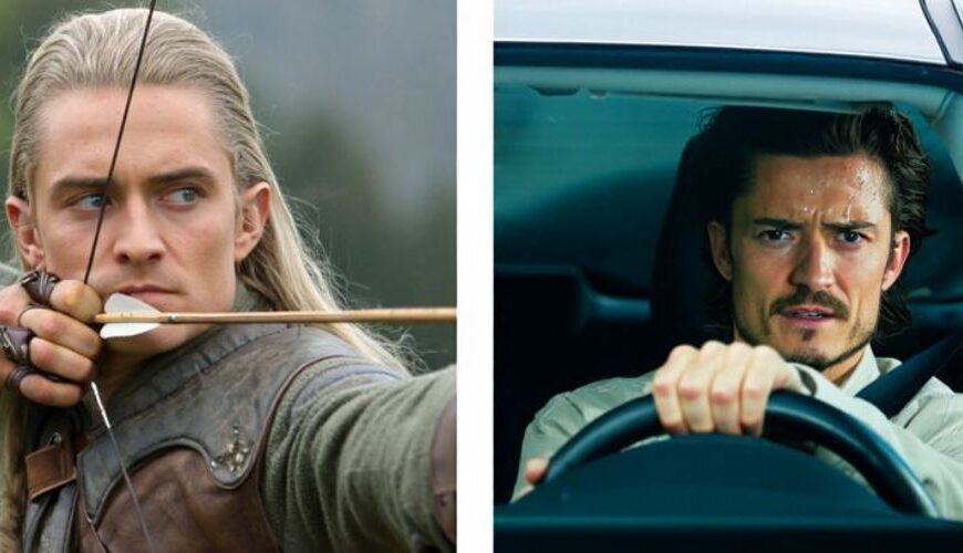 Meme-Collage mit Text oben „Hat im Kampf noch nie einen Gegner verfehlt.“ Links Legolas mit gespanntem Bogen, rechts ein Mann (Orlando Bloom) hinterm Lenkrad. Unten Text: „Braucht aber 47 Versuche, um eine 10 Meter breite Lücke beim Rückwärtsparken zu treffen.“ Wasserzeichen „fantasykosmos.de“.