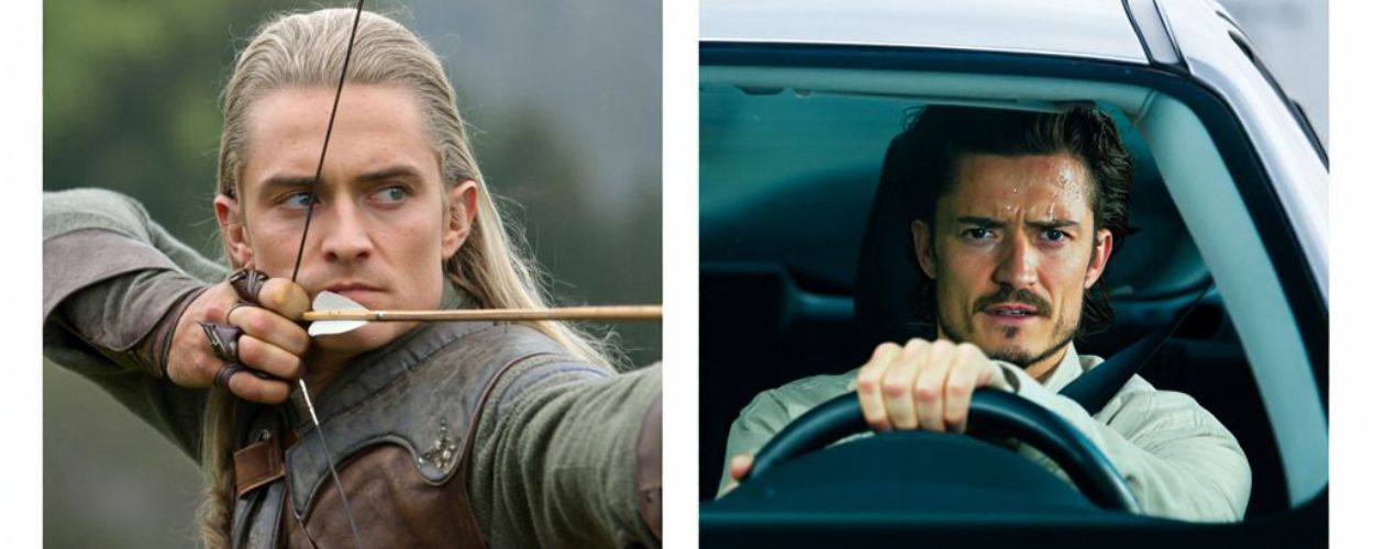 Meme-Collage mit Text oben „Hat im Kampf noch nie einen Gegner verfehlt.“ Links Legolas mit gespanntem Bogen, rechts ein Mann (Orlando Bloom) hinterm Lenkrad. Unten Text: „Braucht aber 47 Versuche, um eine 10 Meter breite Lücke beim Rückwärtsparken zu treffen.“ Wasserzeichen „fantasykosmos.de“.