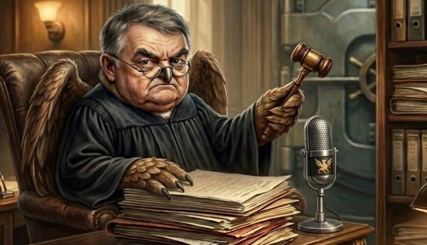 Karikatur von Lord Herbert Owl: Eulenrichter mit dem Gesicht von Herbert Reul sitzt streng blickend in einem ledernen Sessel hinter einem schweren Holzschreibtisch, vor sich Aktenstapel, in der einen Kralle einen Richterhammer, vor ihm ein altes Mikrofon mit Wappen, im Hintergrund Bücherregale und eine Banktresortür.
