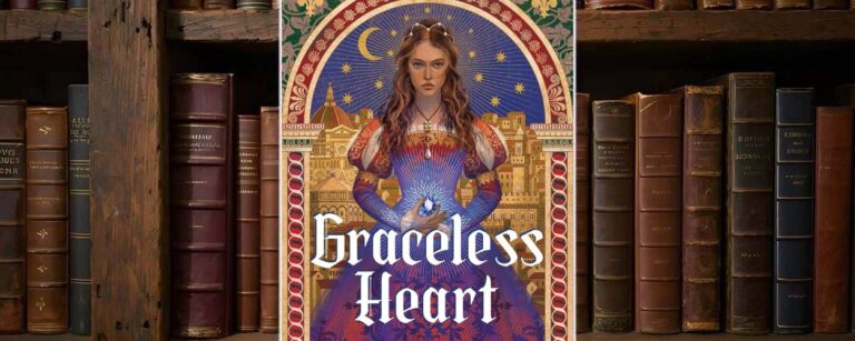 Cover von Graceless Heart: junge Frau in prunkvollem blau-rotem Renaissance-Kleid steht vor einer goldenen Stadtkulisse, hält einen leuchtenden Stein vor dem Bauch, über ihr ein blaues Himmelsgewölbe mit Mond, Sternen und ornamentalem Rahmen.