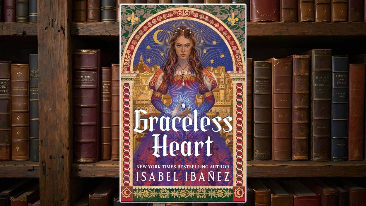 Cover von Graceless Heart: junge Frau in prunkvollem blau-rotem Renaissance-Kleid steht vor einer goldenen Stadtkulisse, hält einen leuchtenden Stein vor dem Bauch, über ihr ein blaues Himmelsgewölbe mit Mond, Sternen und ornamentalem Rahmen.